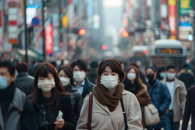 Illustration. Des piétons masqués au Japon.