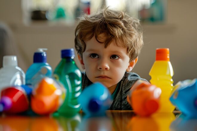 Illustration. Un enfant attiré par des produits ménagers colorés.