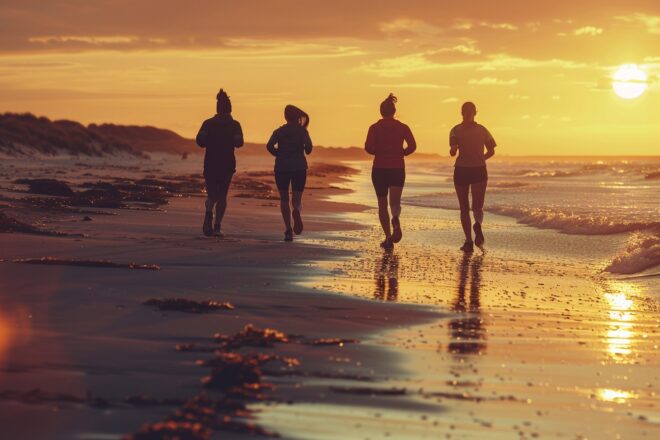 Illustration. Une marche rapide sur la plage, entre amis.