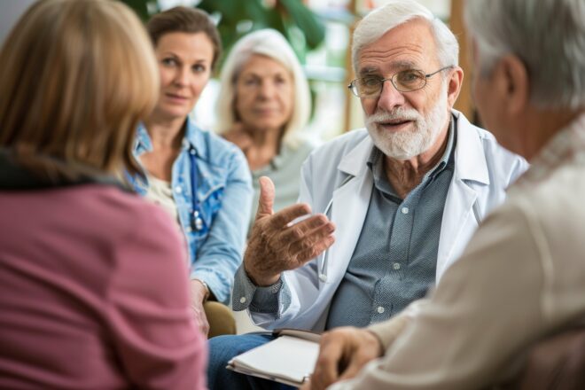 Illustration. Un médecin expliquant les bienfaits d'un traitement.