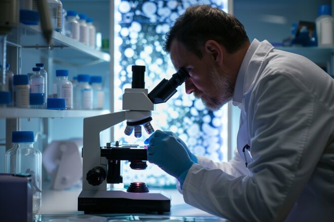 Illustration. Un scientifique examine des cellules leucémiques au microscope