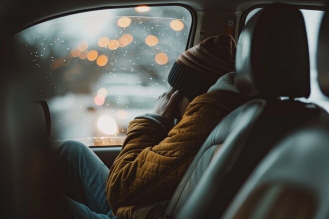 Illustration. Une personne malade en voiture.