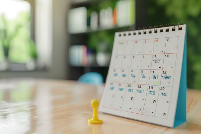 Image d'illustration. Calendrier posé sur un bureau