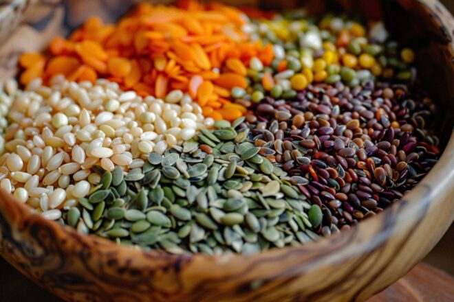 Image d'illustration. 
news
Style de suggestion
Gros plan de graines colorées, d'algues et de céréales dans un bol en bois.