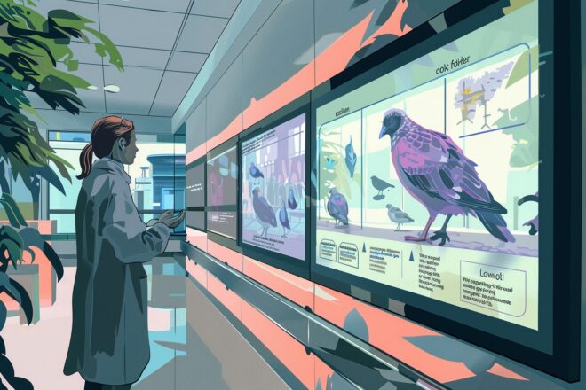 Image d'illustration. Infographie illustrant les symptômes associés à la grippe aviaire, affichés sur un écran numérique dans une clinique.