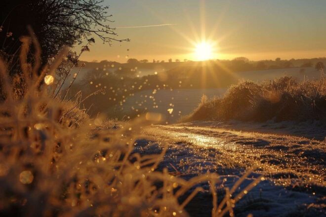 Image d'illustration. Cristaux de givre scintillants, soleil hivernal.