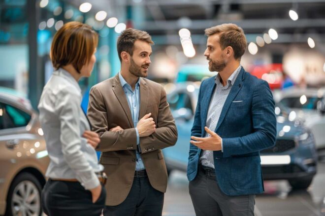 Image d'illustration. Des vendeurs discutent du marché automobile