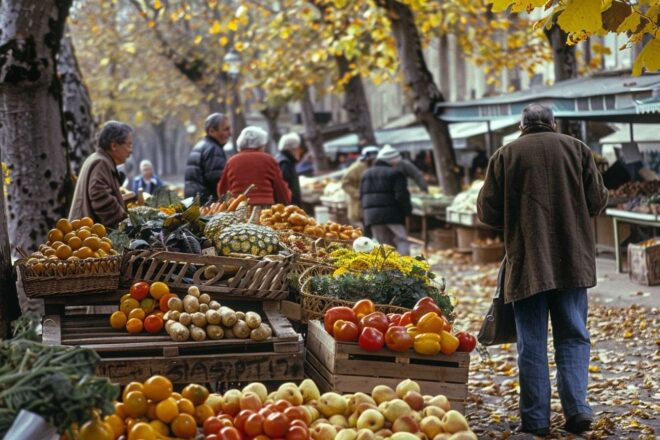 Image d'illustration. Marché fruits et légumes automne