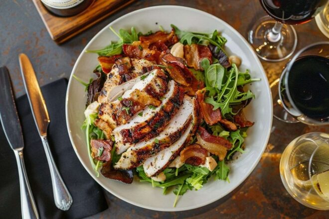 Image d'illustration. Vue aérienne d une salade composée de roquette, bacon croustillant et poulet succulent