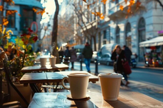 Image d'illustration. Vue panoramique terrasse avec tasses de café