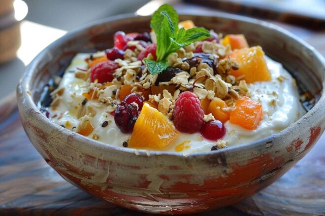 Yaourt grec traditionnel avec fruits et granola