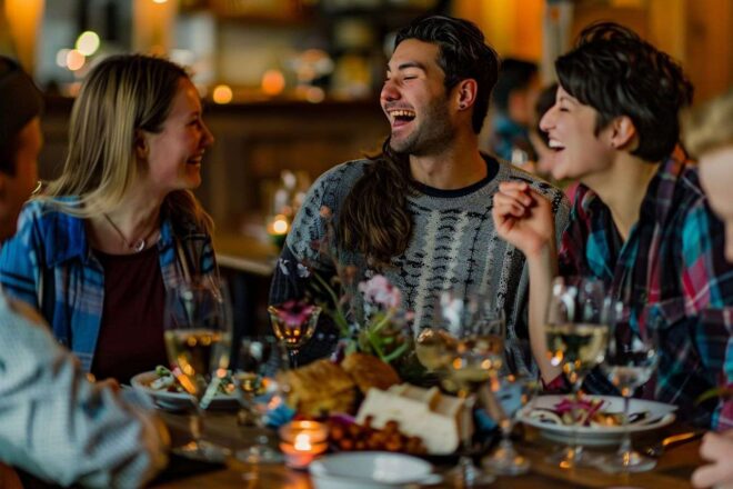 Image d'illustration. Une bande d'amis rient à la table d'un restaurant
