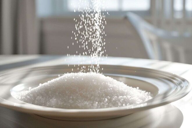 Granules de sucre sur assiette blanche