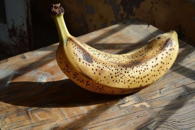 Image d'illustration. Gros plan d une banane mûre avec des taches brunes