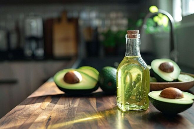 Image d'illustration. Gros plan sur une bouteille d'huile d'avocat.