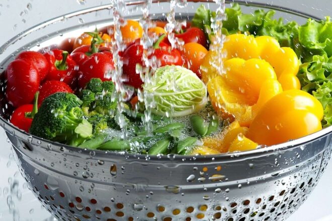 Un assortiment de légumes colorés est disposé dans une passoire