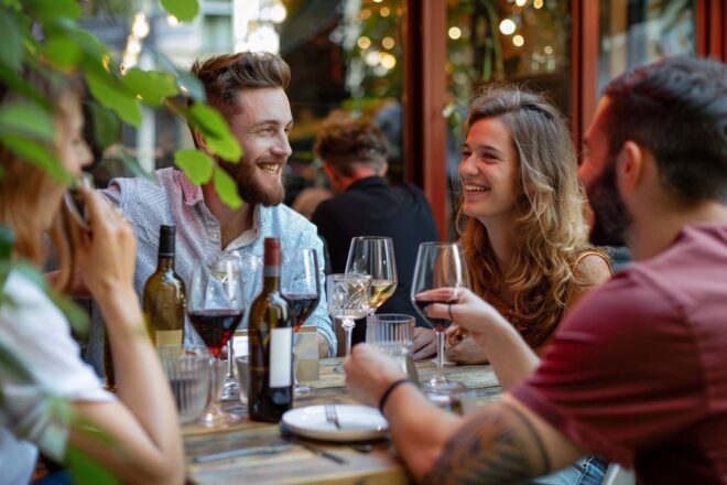 Image d'illustration. Des amis boivent du vin au restaurant.