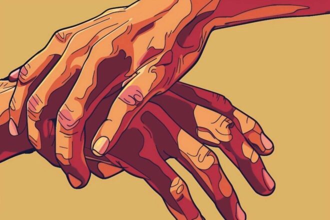 Image d'illustration. Gros plan de mains cartoon grattant une zone inflammée. Démangeaisons, eczéma.