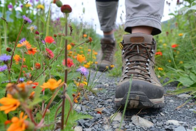 Gros plan sur des chaussures de randonnée robustes