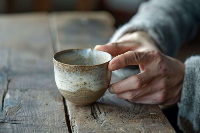 Main serrant une tasse de thé tremblante