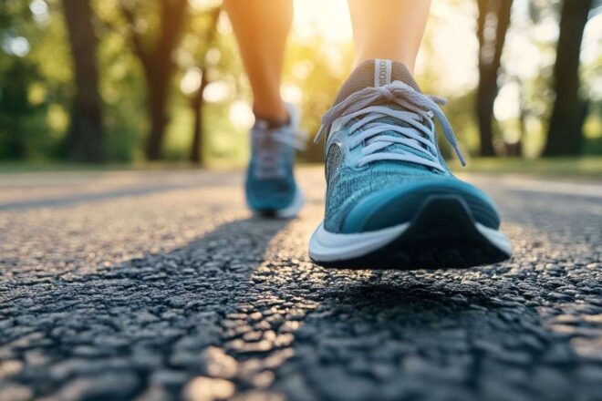 Image d'illustration. Gros plan de chaussures de sport frappant le trottoir