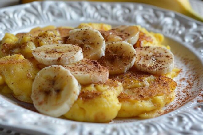 Image d'illustration. Pancakes brouillés avec banane et cannelle
