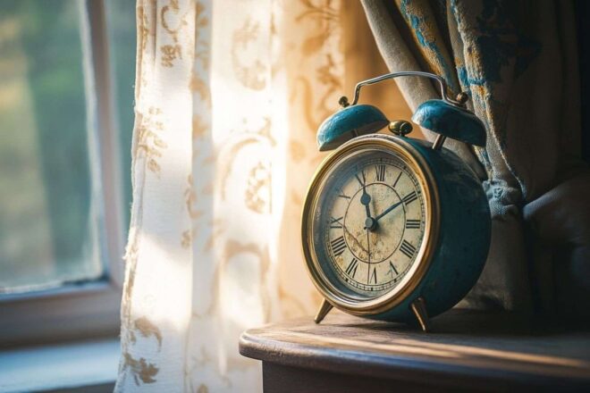 Réveil ancien en gros plan sur une table de chevet