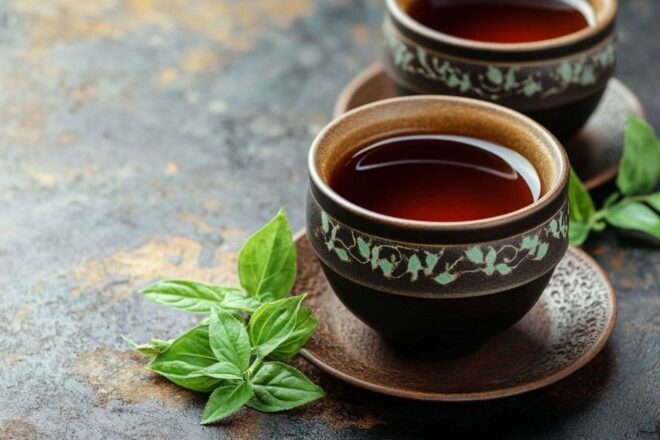 Image d'illustration. Tasses à thé artisanales et feuilles de tulsi fraîche