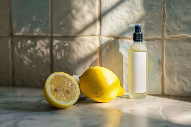 Citron jaune vibrant sur un comptoir de salle de bain