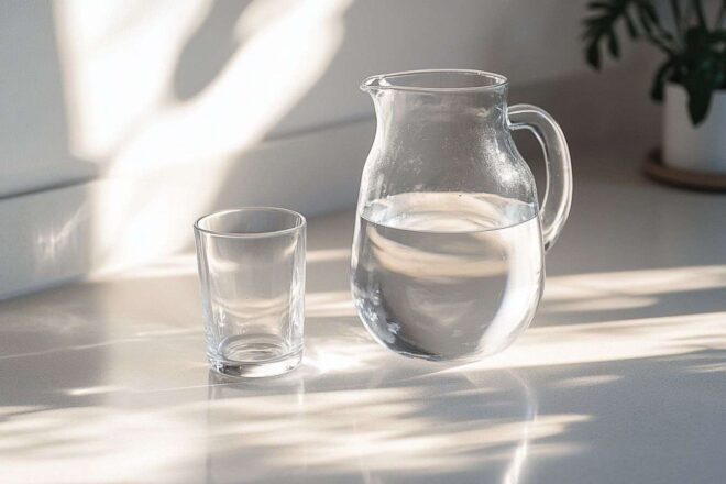 Image d'illustration. Composition minimaliste verre vide et carafe pleine