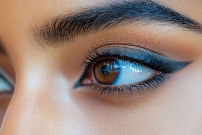 Un gros plan de kajal appliqué avec soin autour des yeux, mettant en valeur le contraste avec la teinte de la peau.