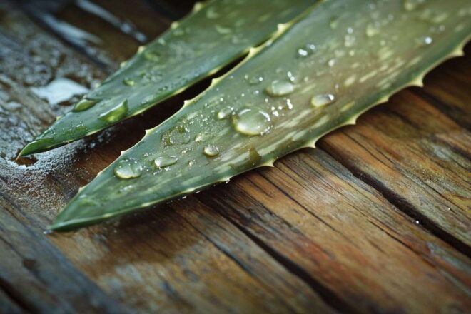 Image d'illustration. Gros plan de feuilles d aloès fraîches avec gouttelettes d eau