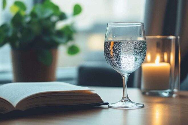 Image d'illustration. Un espace de vie douillet avec verre d eau pétillante