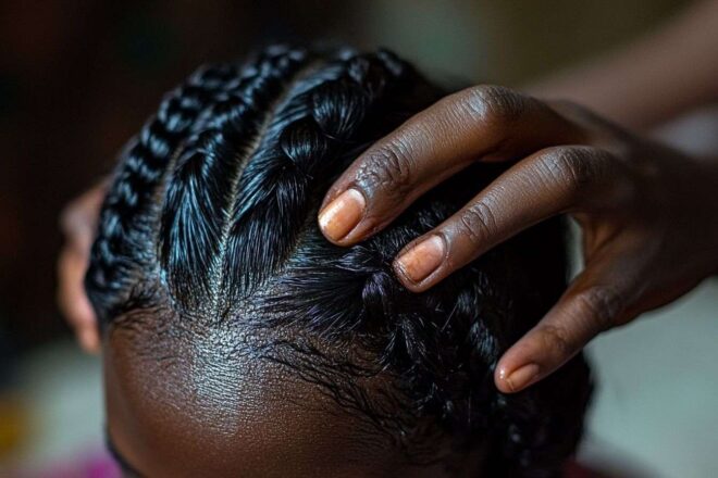 Mains travaillant délicatement à travers les cheveux pour un massage du cuir chevelu qui procure soulagement et confort.