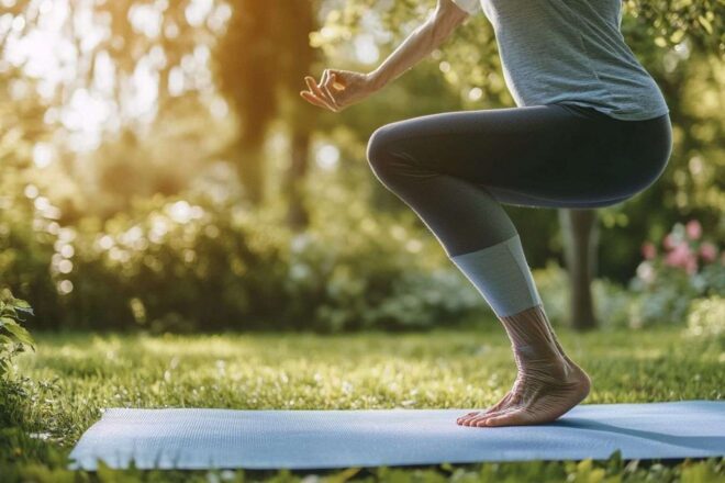 Gros plan d'une personne âgée pratiquant l'équilibre sur un tapis de yoga dans un jardin ensoleillé.