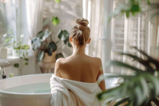 Femme salle de bain baignoire soin