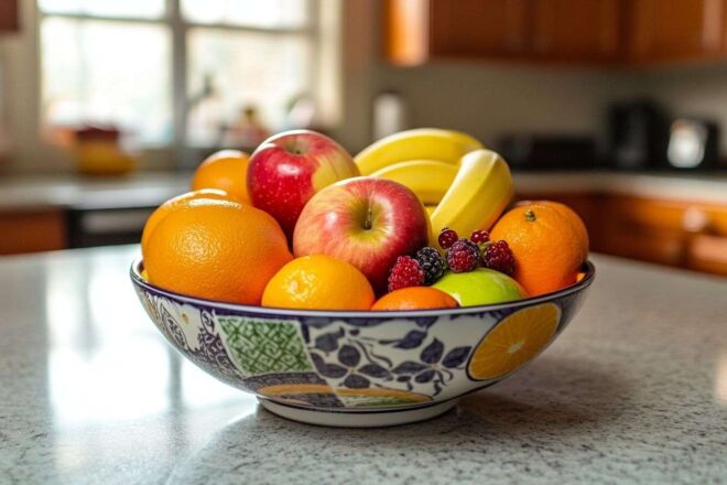 Bol de fruits coloré sur le comptoir de la cuisine