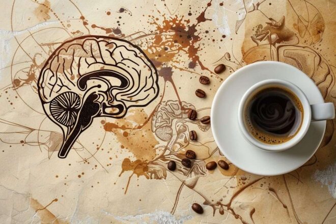 Gros plan d une illustration de cerveau et tasse de café