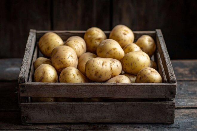 Pommes de terre fraîchement récoltées en caisse en bois