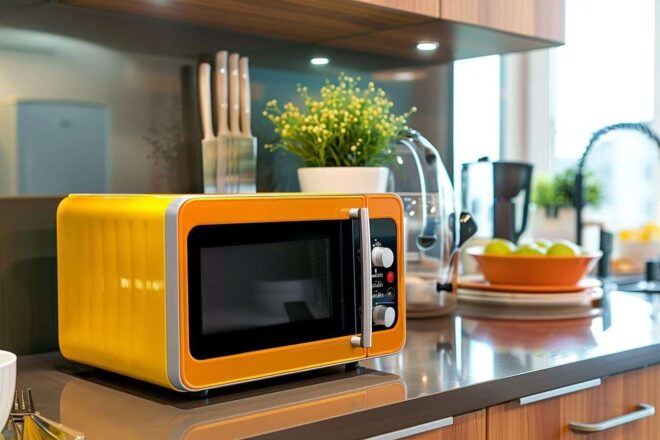 Micro ondes élégant aux couleurs vives dans une cuisine moderne