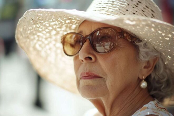 Personne âgée avec chapeau large profitant d une brise