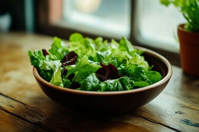 Salade verte fraîche sur table rustique