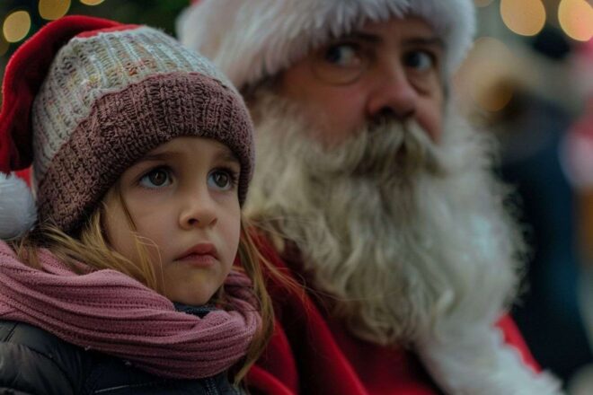 Enfant inquiet sur les genoux du père noël