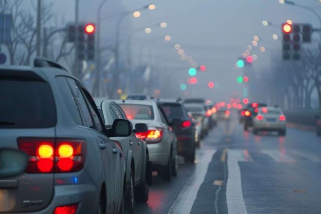 Ligne de voitures à un feu rouge avec smog