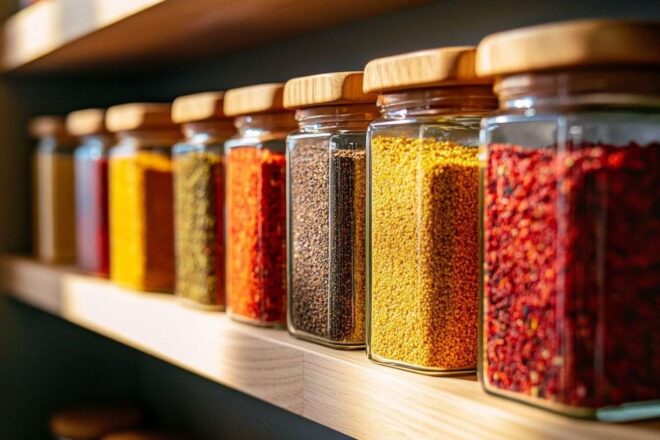 Pots d épices colorés en gros plan sur étagère de cuisine