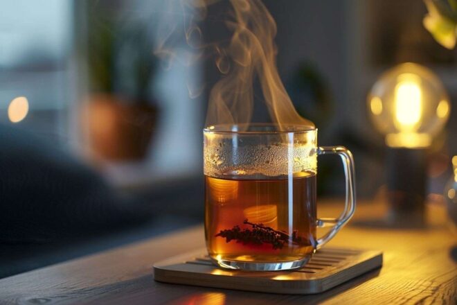 Tasse de tisane fumante sur table de chevet