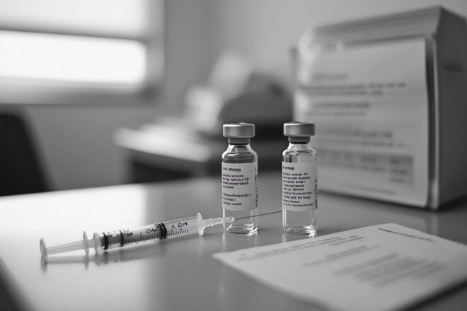 Flacon de vaccin et seringue sur table médicale