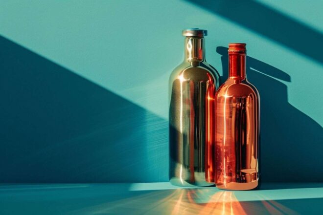 Composition artistique de bouteilles en acier inoxydable et cuivre