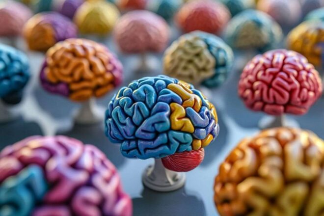 Gros plan de modèles de cerveau colorés démontrant la santé cognitive