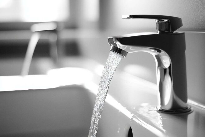 Gros plan d un robinet élégant avec de l eau coulant doucement dans un évier poli